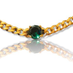24" x 3mm 14K Gold Finish Green Stone Cuban Chain Over Stainless Steel.